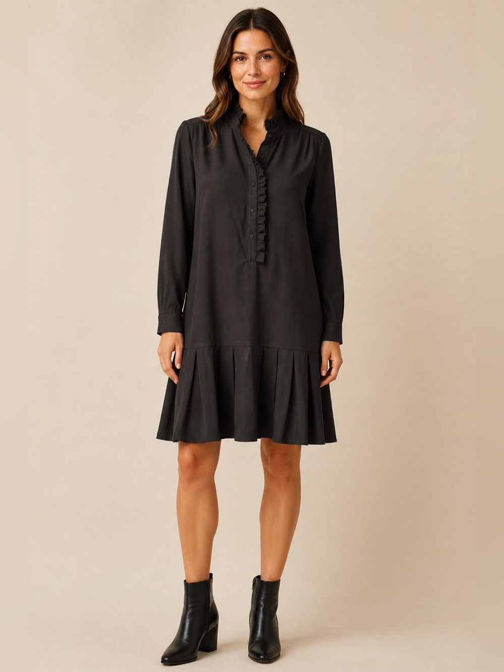 Tuckernuck Black Ruffle Neck Drop Waist Pleated Mini Dress XS NWT